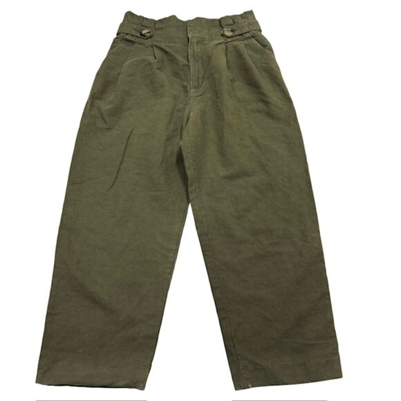 Zara Linen Cropped Pants Khaki Green Paperbag Waist Baggy Fit‎ Womens Small - Picture 1 of 13